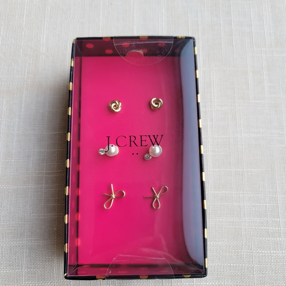 New! J. Crew Gold Pearl Stud Earring Set Gift Box NWT